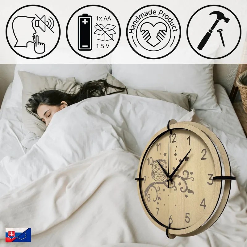 Detské hodiny Sova z javoru – tiché nástenné hodiny pre deti | SENTOP HDF0573-MAPLE