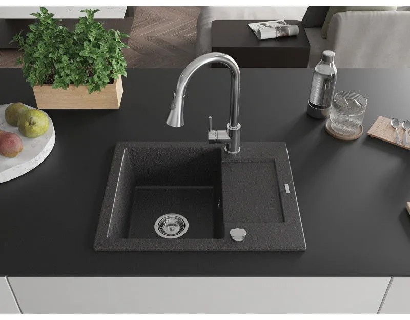 Mexen Enzo, 1-komorový granitový drez 576x465x174 mm a drezová batéria Elia, čierna škvrnitá, 6506-76-670101-00