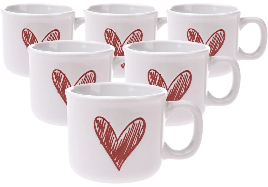 Súprava 6 keramických hrnčekov Srdiečko II, 90 ml, červená