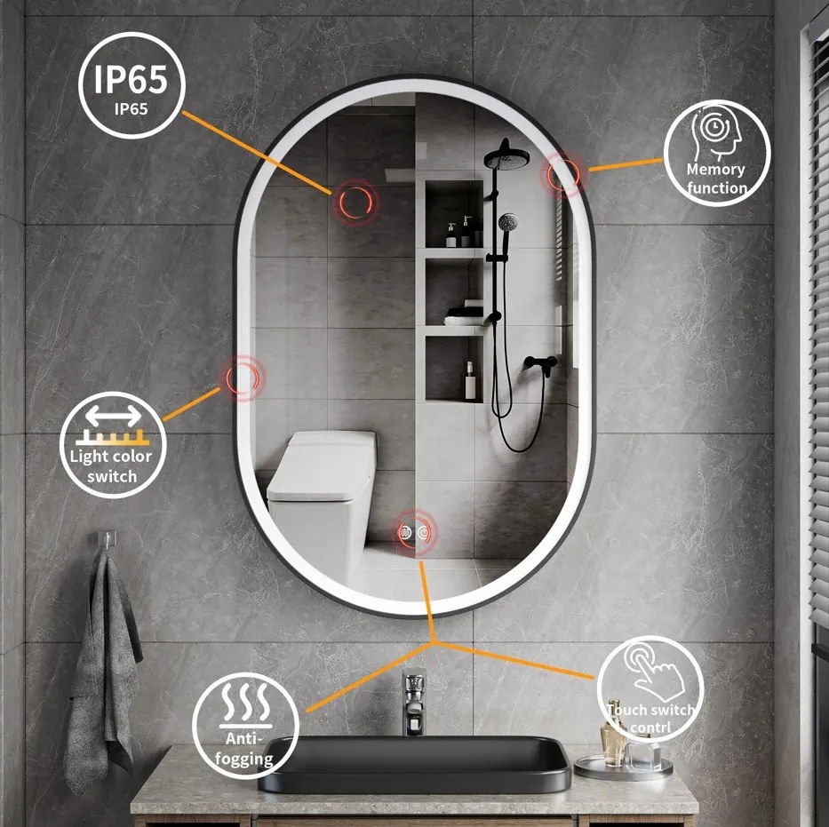 Erga Gwen, oválne LED zrkadlo 60x90cm v čiernom kovovom ráme, 3 farby svetla, predné osvetlenie, vyhrievacia podložka proti zapareniu, ERG-V01-GWEN-6090-BK