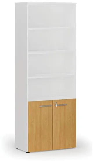 Kombinovaná kancelárska skriňa PRIMO WHITE, dvere na 2 poschodia, 2128 x 800 x 420 mm, biela/buk