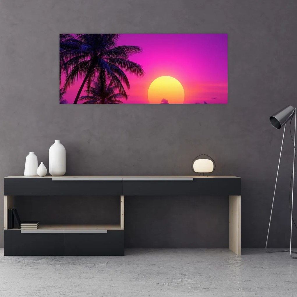 Obraz - Fialový západ s palmou (120x50 cm)
