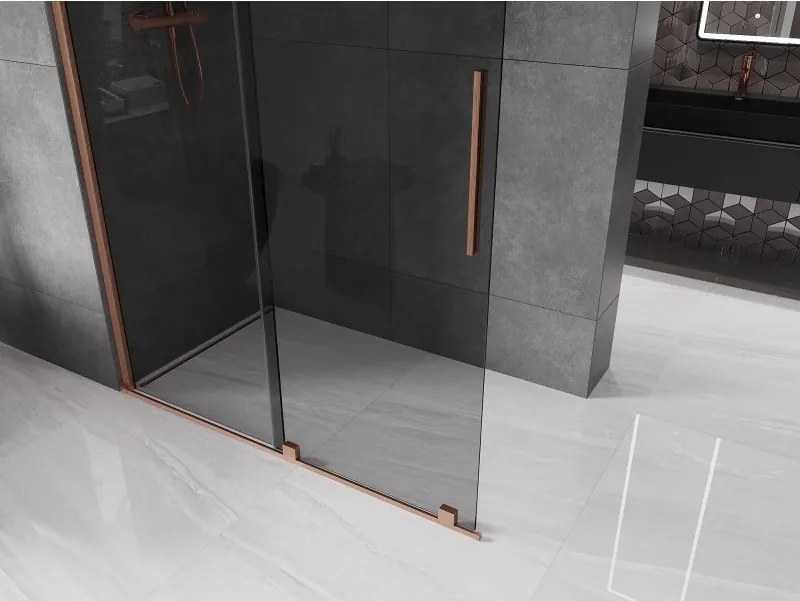 Mexen Velar, sprchová zástena s posuvnými dverami Walk-in 140 x 200 cm, 8mm šedé sklo, medená matná, 871-140-000-43-65