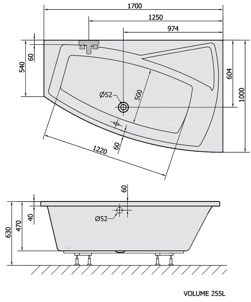 Polysan Polysan, EVIA R asymetrická vaňa 170x100x47cm, biela, 22611
