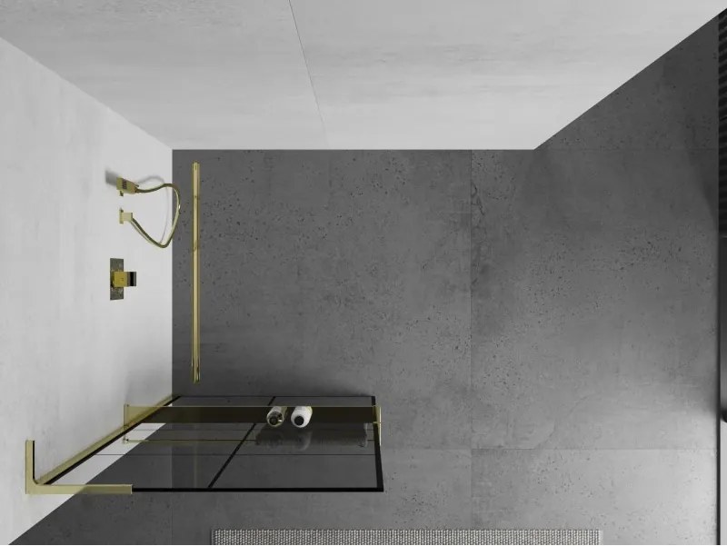 Mexen Kioto+ L, sprchová zástena Walk-In s poličkou a vešiakom 80 x 200 cm, 8mm číre sklo čierny vzor, zlatý lesklý profil,800-080-123-50-77