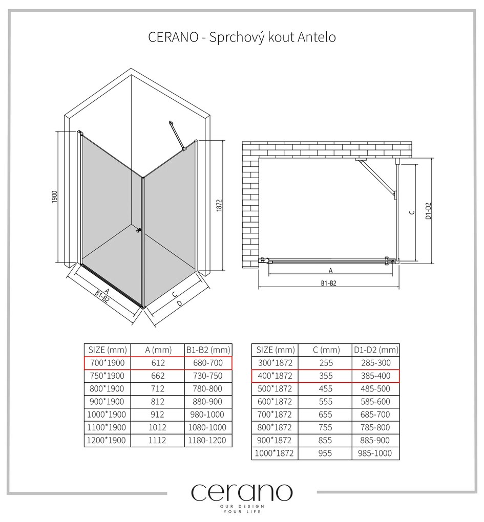CERANO - Sprchovací kút Antelo L/P - čierna matná, transparentné sklo - 70x40 cm - krídlový, CER-CER-482158