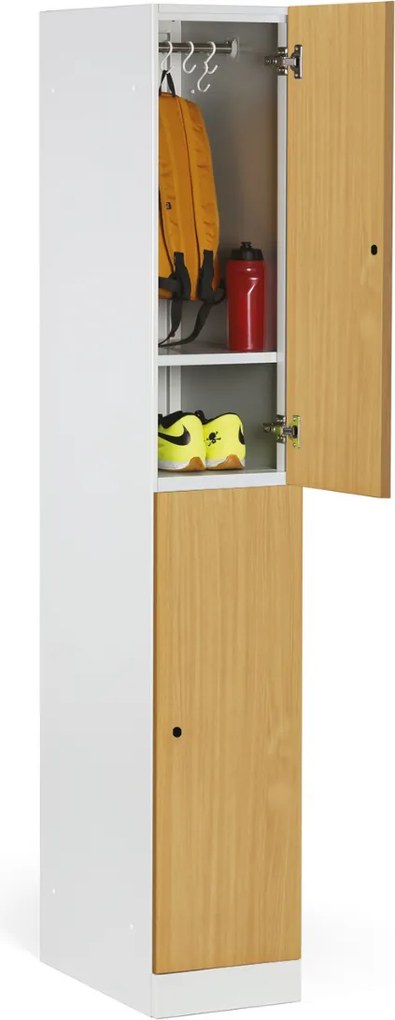 Šatníková skrinka S1 s úložnými boxmi, 2 boxy, 1850 x 300 x 500 mm, cylindrický zámok, laminované dvere, dub prírodný