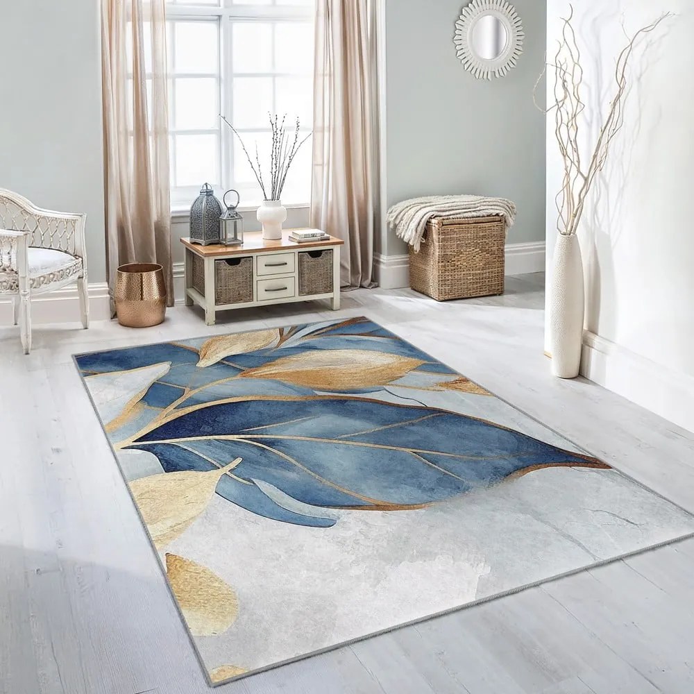 Prateľný behúň v modrej a zlatej farbe 80x200 cm Golden Leaves – Mila Home