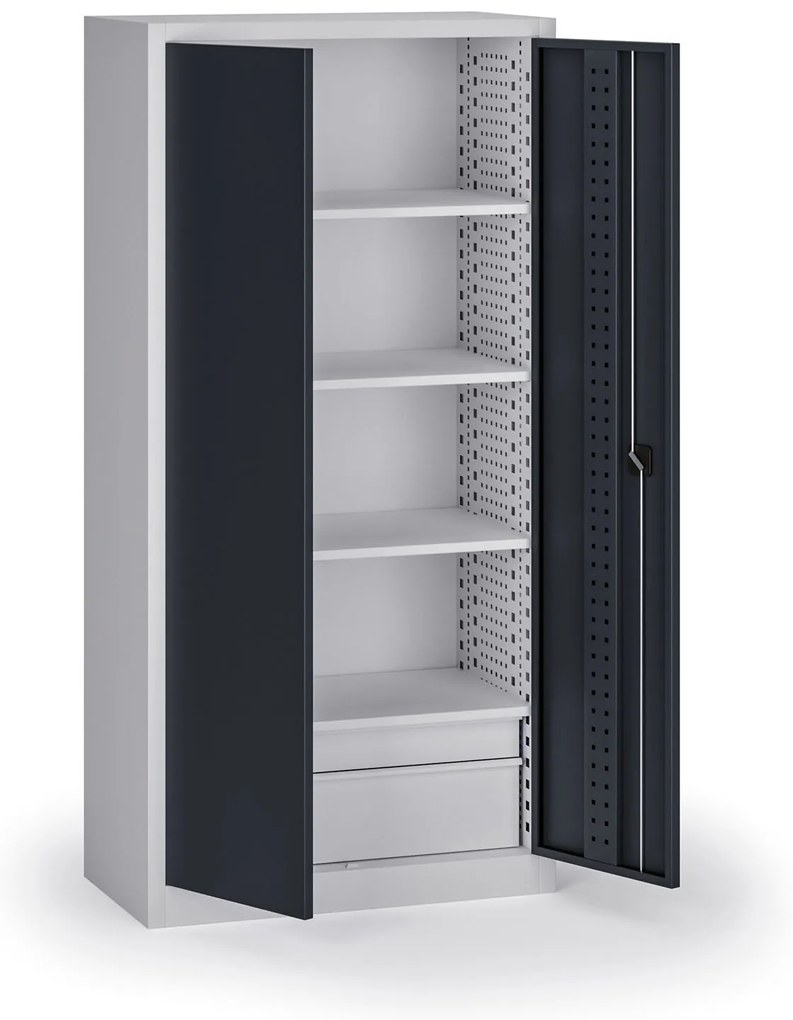 Policová dielenská skriňa 2-dverová, 4 police + 2 zásuvky, 1950 × 950 × 500 mm, grafitové dvere