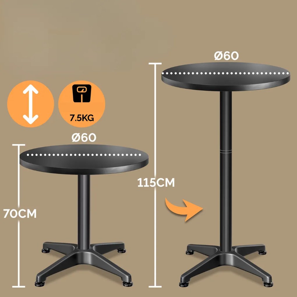 Výškovo nastaviteľný hliníkový barový stôl NERO, Ø60cm, čierna Casaria