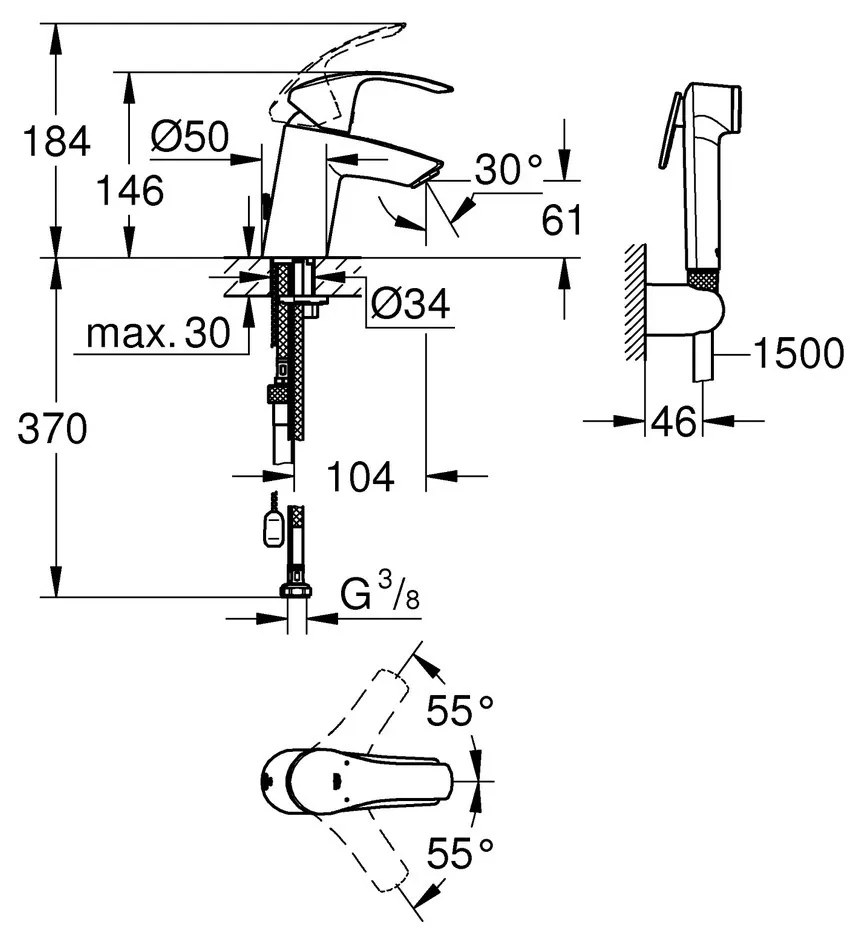 GROHE Eurosmart - Páková umývadlová batéria, s bidetovou sprškou, veľkosť S, chróm 23124002