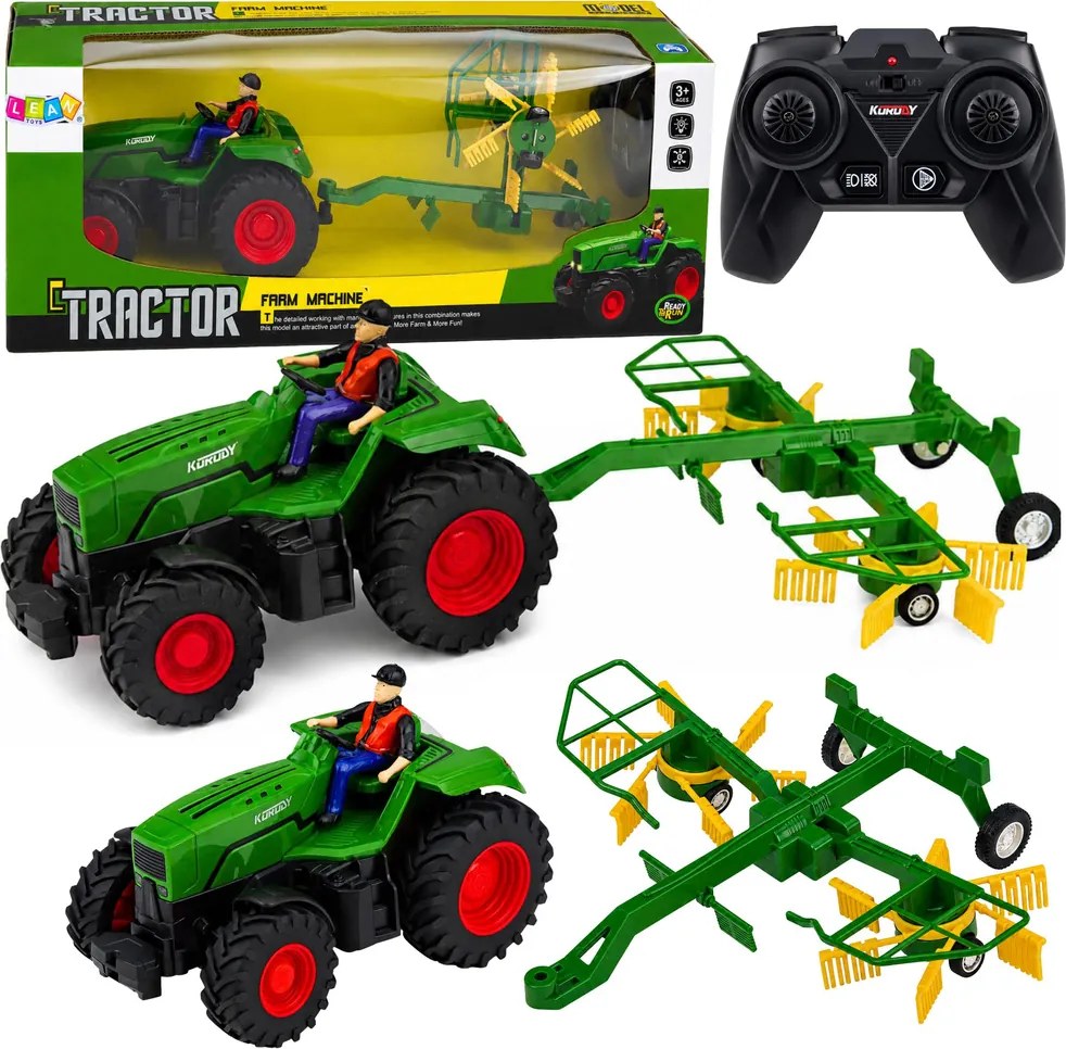 LEAN Toys Poľnohospodársky traktor s hrabacou lištou a farmárom, diaľkovo ovládaný RC, so svetlami, mierka 1:24
