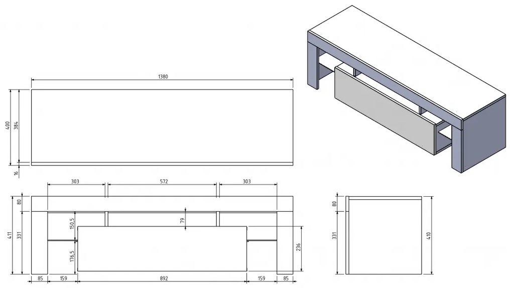 moderná TV skrinka Vera 138 cm - Dub artisan/Čierny mat