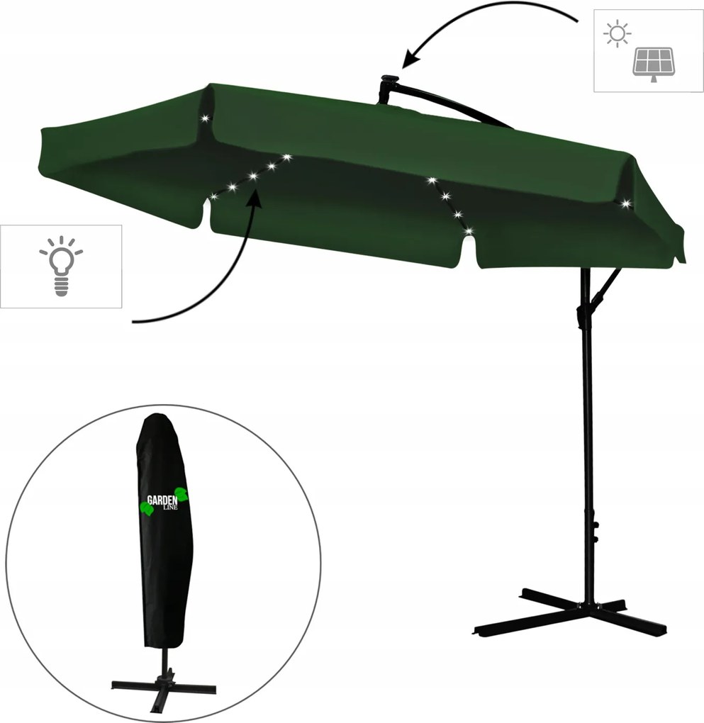 Garden Line 3 M ZELENÝ ZÁHRADNÝ SLNEČNÍK „BANANA“ S LED OBALOM