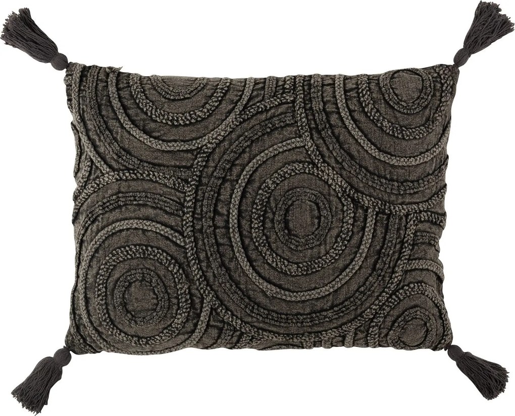 Tmavo šedý vankúš so strapcami a reliéfom Circle - 60 * 40 cm
