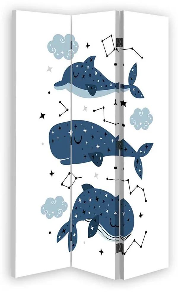 Ozdobný paraván Šťastná modrá velryba - 110x170 cm, trojdielny, korkový paraván