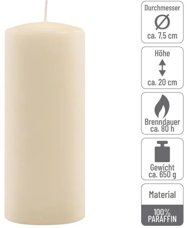 Sada stĺpových sviečok, 20 cm, Ø 7,5 cm, krémová, 6 ks