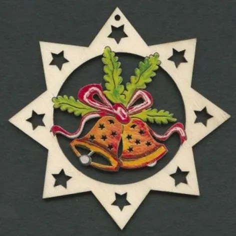 AMADEA Drevená ozdoba farebná hviezda so zvončekmi 9 cm