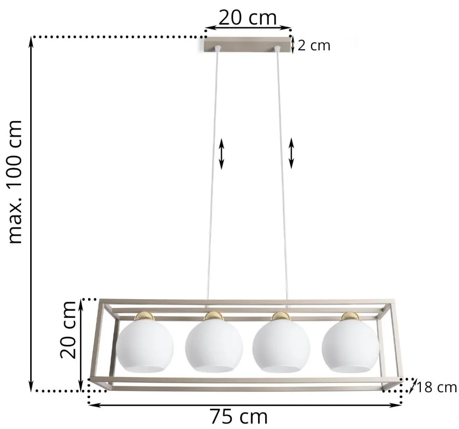 Závesné svietidlo Eliza Cage, 4x biele sklenené tienidlo v kovovom ráme