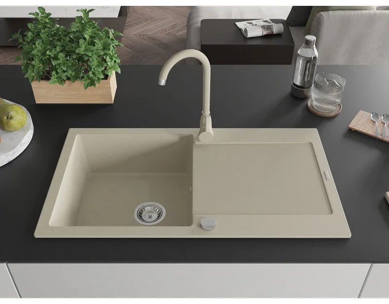 Mexen Leo, 1-komorový granitový drez s odkvapkávačom 90x50 cm a kuchynskou batériou Telma, béžová, 6501-69-670200-69