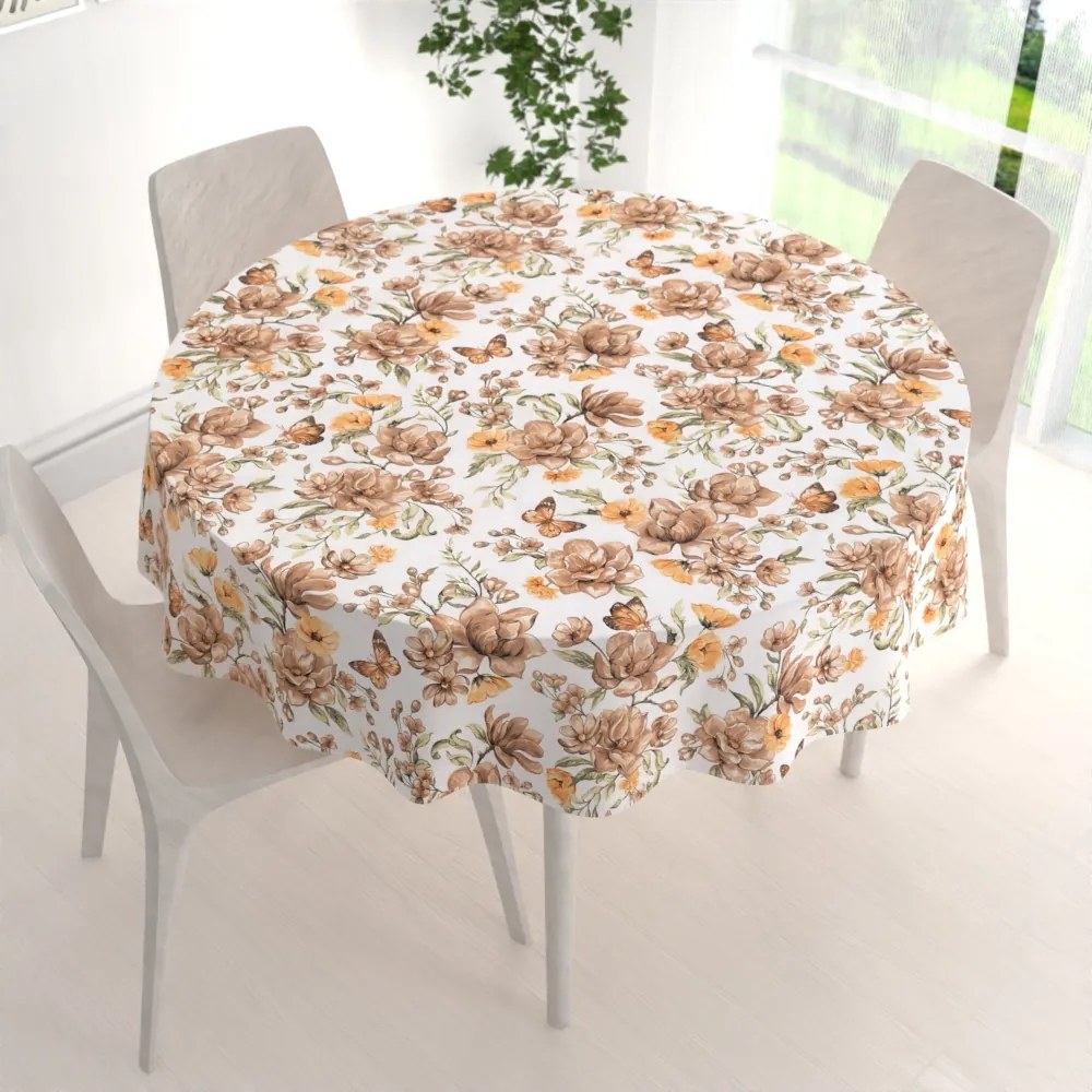 Biante Bavlnený okrúhly obrus Sandra SA-458 Hnedé kvety magnólie s motýlikmi na bielom Ø 120 cm