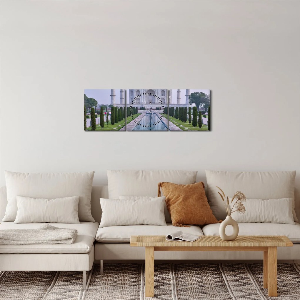 Obraz - Taj Mahal za východu slnka (s hodinami) (90x30 cm)