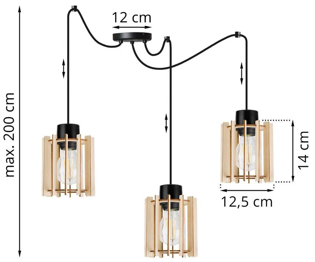 Závesné svietidlo TIMBER SPIDER 7, 3x drevené tienidlo