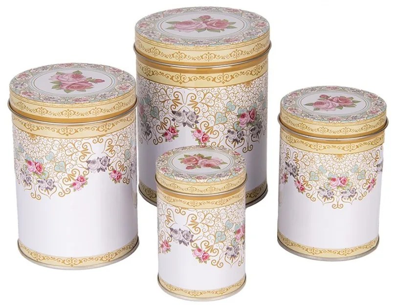 4ks biela plechová dóza s ružami - Ø 11*14 /Ø 9*13 /Ø 8*11 /Ø 6*9 cm