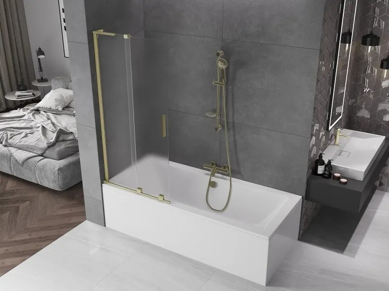 Mexen Velar L, 2-krídlová posuvná vaňová zástena 80 x 150 cm, 8mm sklo námraza, zlatá matná, 896-080-003-31-55