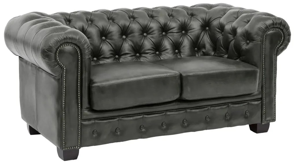 furniture-nabytek.cz - Dvoumístná pohovka Chesterfield z pravé kůže, zelená – 155×90×72 cm