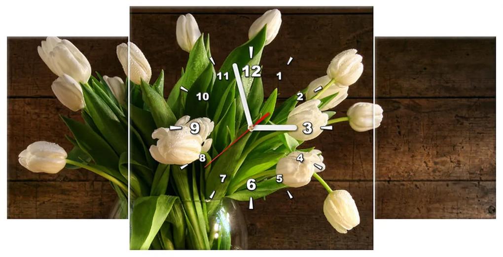 Gario Obraz s hodinami Očarujúce biele tulipány - 3 dielny Rozmery: 80 x 40 cm
