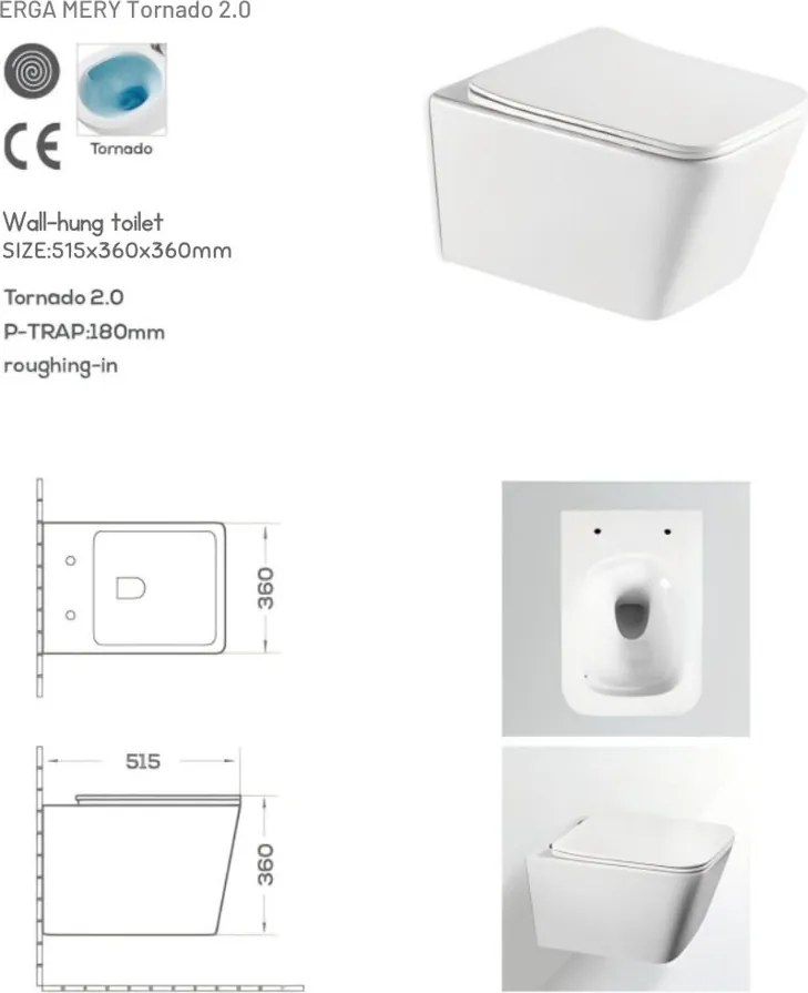Erga Mery+, závesná WC misa 485x360x360mm, Rimless Tornado 2 + toaletné sedadlo s pomalým zatváraním, biela, ERG-V03-MERY-TO2-WH