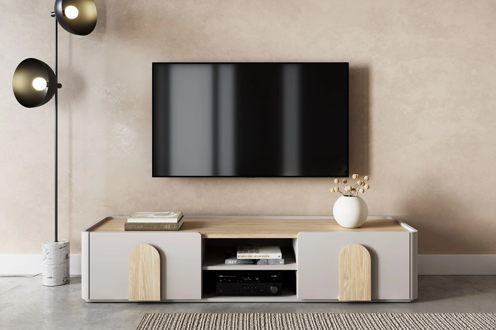 TV stolík Amilio 170 cm so zásuvkou - kašmír / olejovaný dub / úchytky svetlý dub