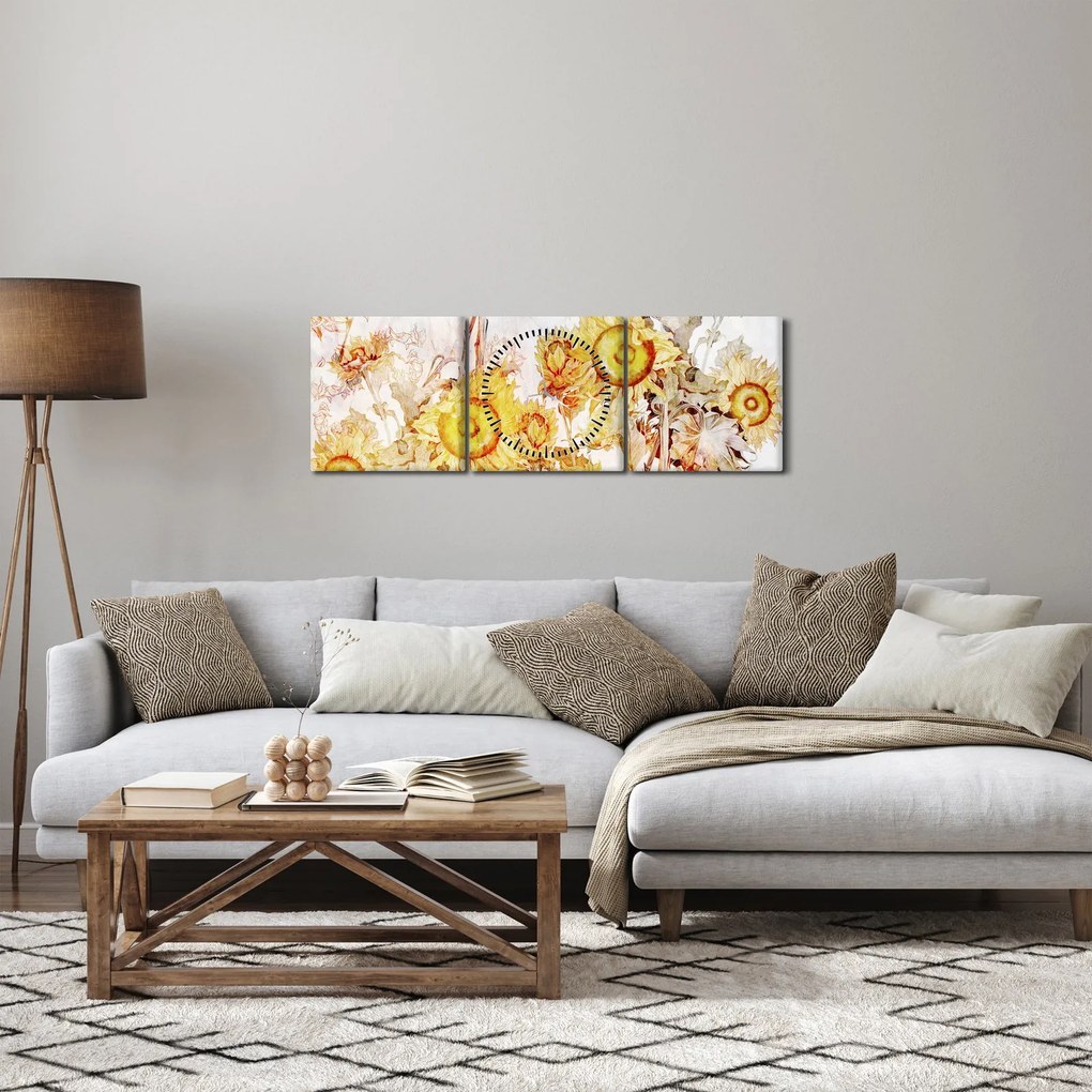 Obraz - Slnečnica, maľba (s hodinami) (90x30 cm)