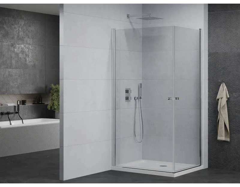 Mexen Pretoria Duo, sprchovací kút s 2-krídlovými dverami 90 (dvere) x 80 (dvere) cm, 6mm číre sklo, chrómový profil + slim sprchová vanička 5cm biela, 852-090-080-01-02-4010