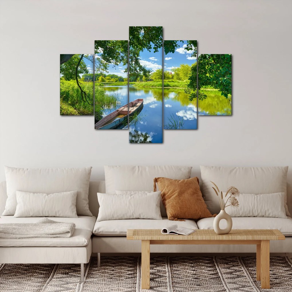 Obraz letné rieky s loďkou (150x105 cm)