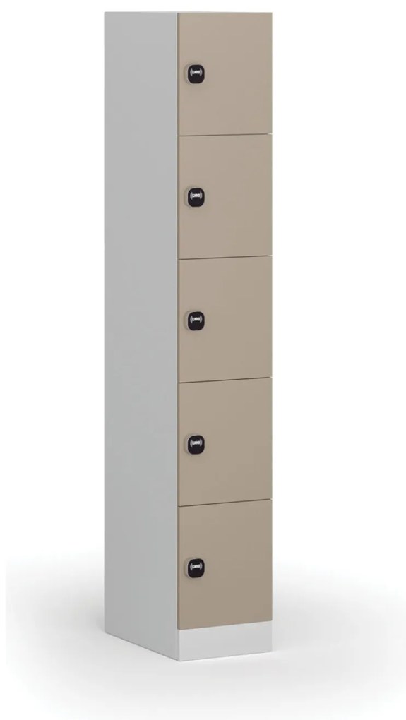 Šatníková skrinka s úložnými boxmi, 5 boxov, 1850 x 300 x 500 mm, demont, zámok s čítačkou RFID kariet, béžové dvere