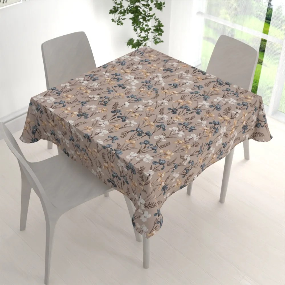 Biante Bavlnený štvorcový obrus Sandra SA-637 Modro-béžovo-biele kosatce na sivobéžovom 60x60 cm