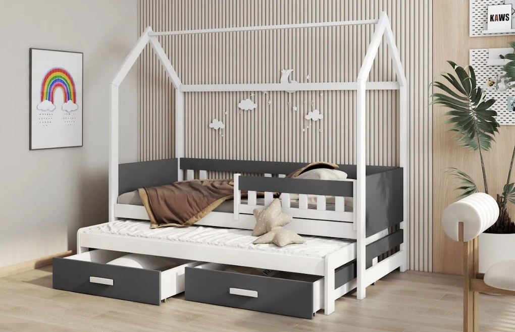 Detská domčeková posteľ z masívu borovice JASPER so šuplíkmi a prístelkou - 200x90 cm - biela/antracit