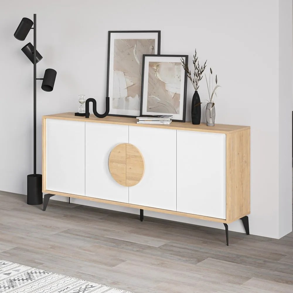 Nízka komoda v dekore duba v bielo-prírodnej farbe 180x82 cm Vae – Marckeric