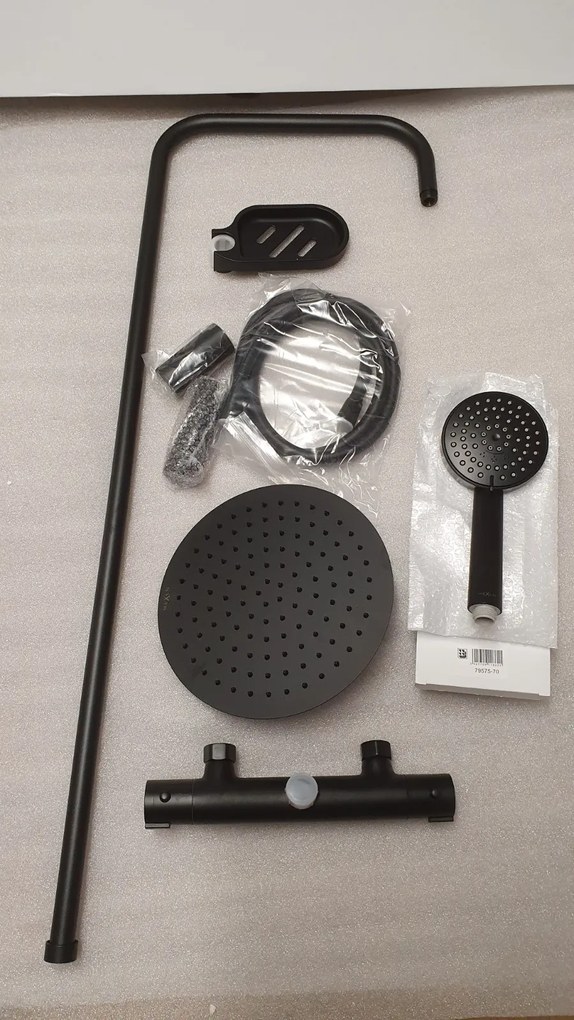 Mexen termostatický sprchový set, sprchová batéria KAI s horným uchytením sprchy + sprchová sada s hornou hlavicou oval ?25cm X, 3/4", čierna, 77150-70 + 79392-70