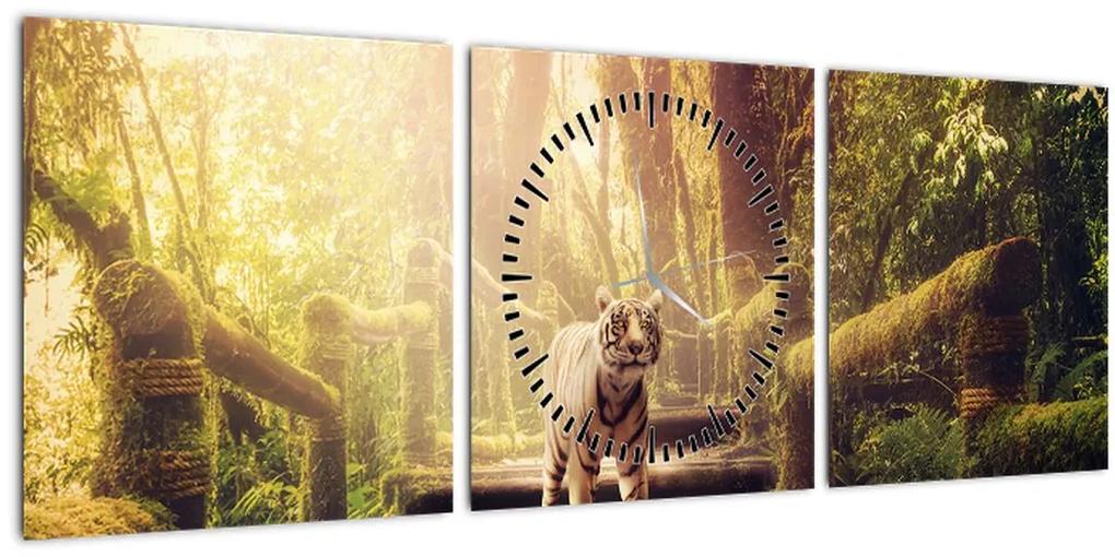 Obraz tigra v džungli (s hodinami) (90x30 cm)