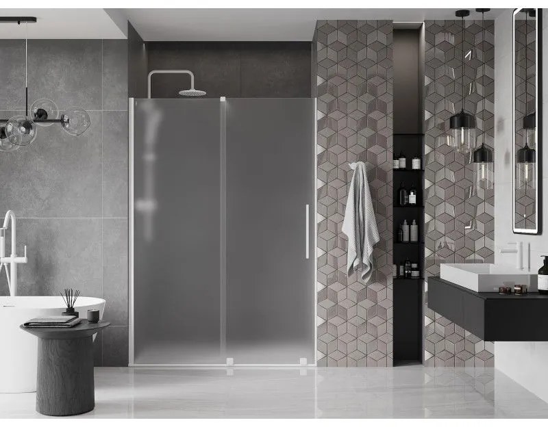 Mexen Velar, posuvné sprchové dvere do otvoru 160 cm, 8mm sklo námraza, biela matná, 871-160-000-31-20