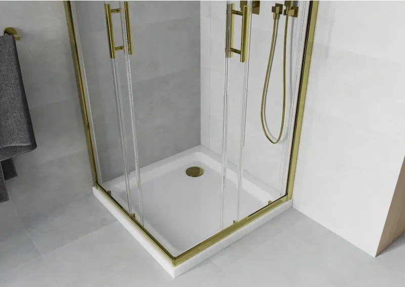 Mexen Rio, štvorcový sprchovací kút s posuvnými dverami 80(dvere) x 80(dvere) x 190 cm, 6mm číre sklo, zlatý profil + biela sprchová vanička SLIM, 860-080-080-50-00-4010G