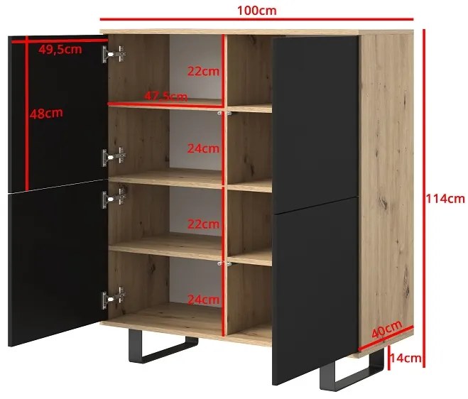Moderná komoda Logan 4D - kovové nohy - čierna