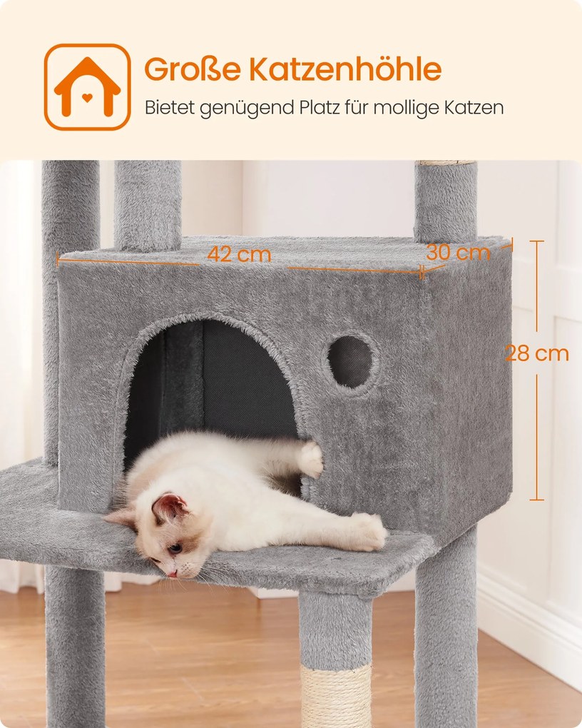 Mačací strom, úzka veža pre mačky, výška 199 cm, sivá farba