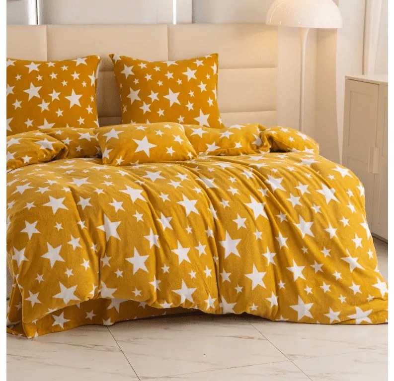 Súprava mikroplyšových obliečok HVIEZDY žltooranžové + obliečka mikroplyš SOFT 90x200 cm biela, jednolôžko