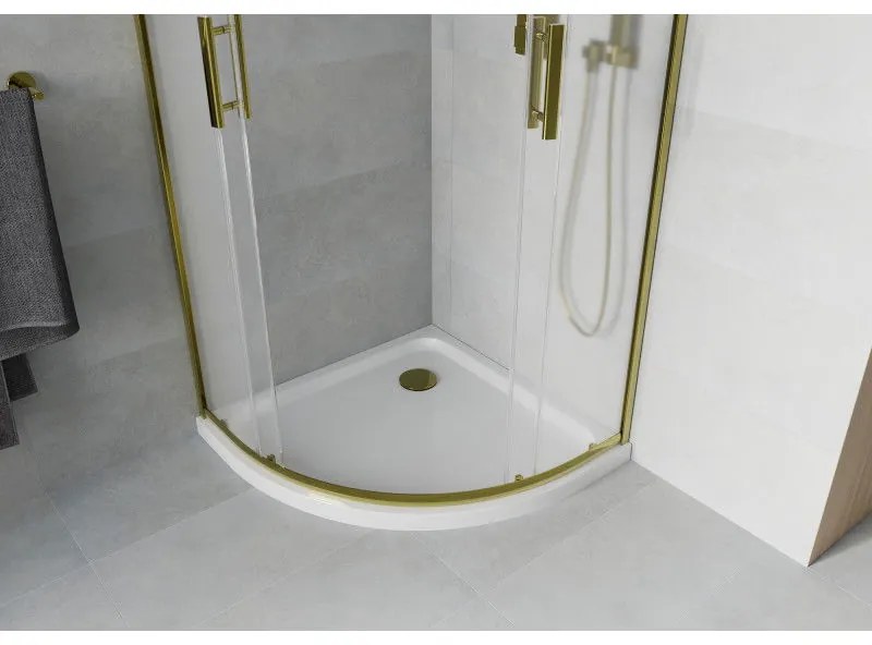Mexen Rio, štvrťkruhový sprchovací kút s posuvnými dverami 80(dvere) x 80(dvere) x 190 cm, 6mm sklo námraza, zlatý profil + biela sprchová vanička SLIM, 863-080-080-50-30-4110G