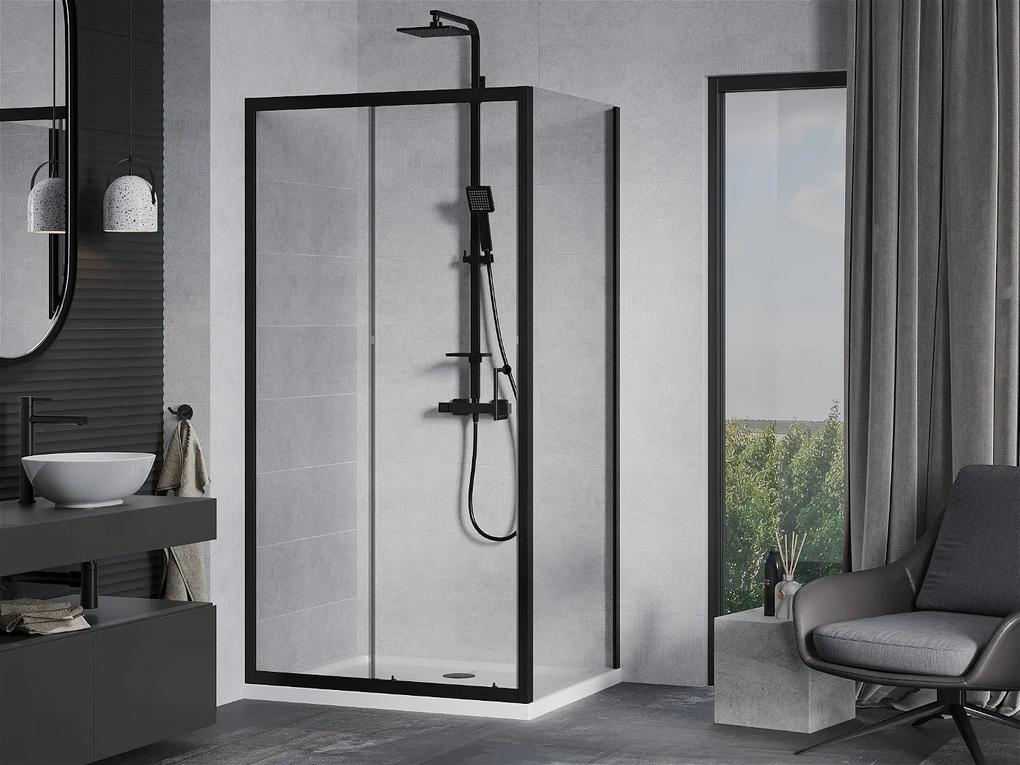 Mexen Apia sprchovací kút s posuvnými dverami 120 (dvere) x 100 (stena) cm, 5mm číre sklo, čierny profil + biela sprchová vanička SLIM, 840-120-100-70-00-4010B