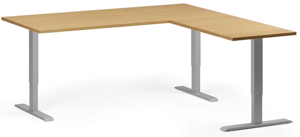 Výškovo nastaviteľný stôl, 180x180 cm, 3 motory, L/P, sivá podnož, buk